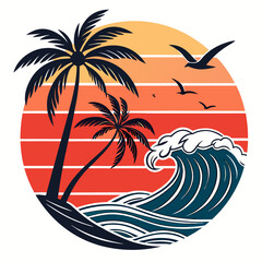 Tropical sunset beach paradise scene with palm trees and flying birds © Durjoy 