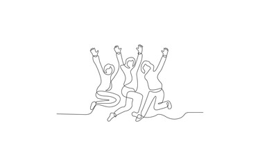 One line continuous jumping girls. concept of lifestyle, joyful mood, funny kids, flying teenagers, cheerful freedom-loving  simple linear style. Vector outline illustration