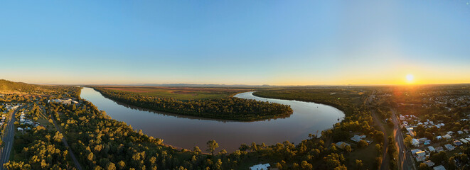 Beautiful drone shot of the Rockhampton river at sunset in Queensland, Australia