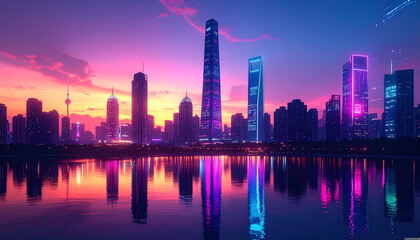 Obraz premium Vibrant Neon Cityscape Bathed in Pink and Purple Sunset Light, Reflecting on Water