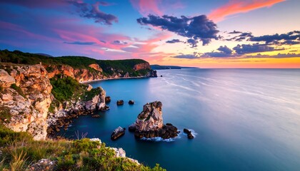 Dramatic Coastal Sunset: Cliffs, Rocks, and Vibrant Sky over Tranquil Waters