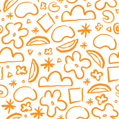 Cheerful hand-drawn orange doodles on white background creates a whimsical and playful seamless pattern design