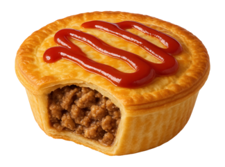 A savory meat pie with a crispy golden crust and a bite taken out, revealing a minced meat filling, topped with a zigzag of tomato sauce on a white background.