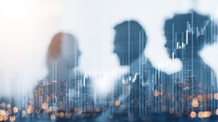 Fototapeta premium Silhouetted Business Professionals Engaging in Discussion with Abstract Financial Graph Overlay in Modern Cityscape Background