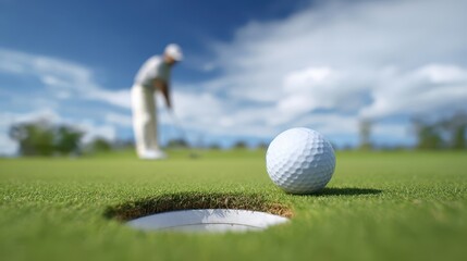 The golfer preparing to putt a ball into the hole on the green.