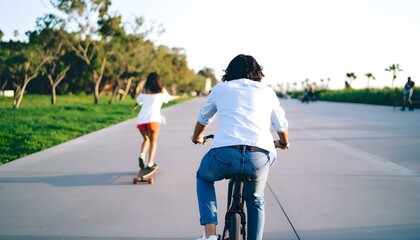 Fototapeta premium Skater and cyclist gliding side by side down a sunlit tree