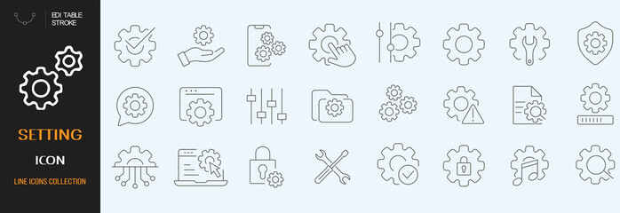 Settings icon set. Containing options, configuration, preferences, adjustments, gear, control panel, equalizer, management, optimization and more icons. Vector illustration. editable stroke