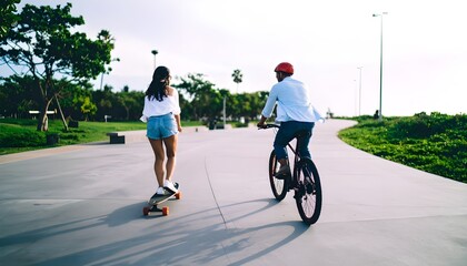 Fototapeta premium Skater and cyclist gliding side by side down a sunlit tree