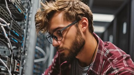 Young Male Technician Working Enthusiastically on Server Rack in Modern Data Center with Equipment and Technology in Background