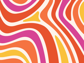 Retro groovy background with colorful flowing shapes in orange, pink, and yellow creating a dynamic pattern