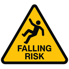 A yellow falling risk warning sign indicating a potential hazard for safety. Modern flat vector sticker label with icon and badge style, transparent background