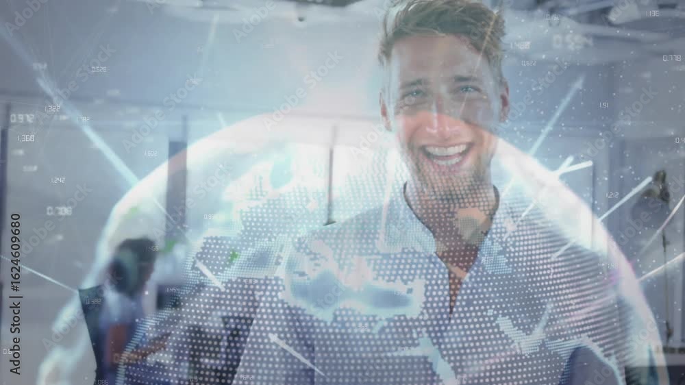 Aufkleber man standing at desk in tech office digital globe overlay fading while head turning smile deepening