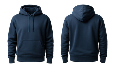 Front and back view of a plain navy blue hoodie with drawstrings and a kangaroo pocket, designed for casual wear and showcasing minimalist fashion style.