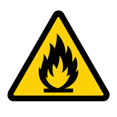 A yellow triangle hazard sign with a black flame, warning of flammable materials. Modern flat vector sticker label with icon and badge style, transparent background