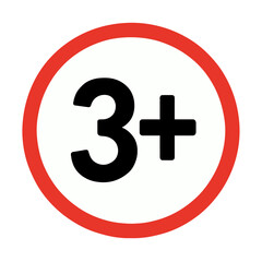 Obraz premium A circular age rating sign with the number 3 and a plus symbol. Modern flat vector sticker label with icon and badge style, transparent background