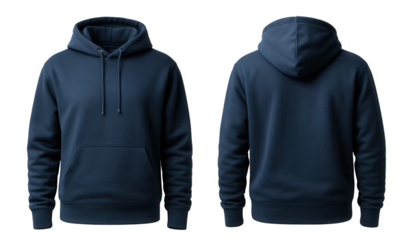 Front and back view of a plain navy blue hoodie with drawstrings and a kangaroo pocket, designed for casual wear and showcasing minimalist fashion style.