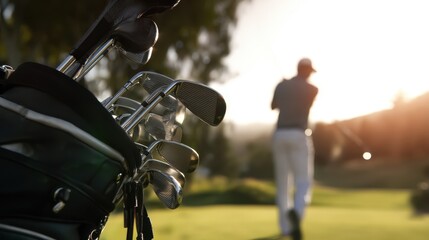 The golfer prepares for a perfect swing during a stunning sunset on the course.