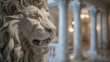 Obraz premium Close-up of a regal stone lion statue, its head and mane detailed, in a grand hall with pillars