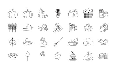 Autumn Begins icons – outline set of harvest foods and fall flavors