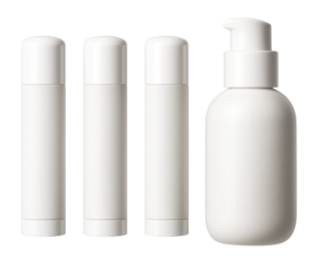 Minimalist white cosmetic containers including tubes and a pump bottle arranged on a white background, suitable for beauty and skincare packaging concepts.