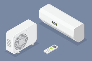 Air conditioner: indoor AC, outdoor AC and remote control. Home appliances for climate control. 3d flat isometric vector illustration.