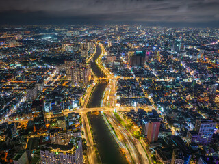 Aerial view of night light in Sai Gon, Ho Chi Minh city. Urban landscape background