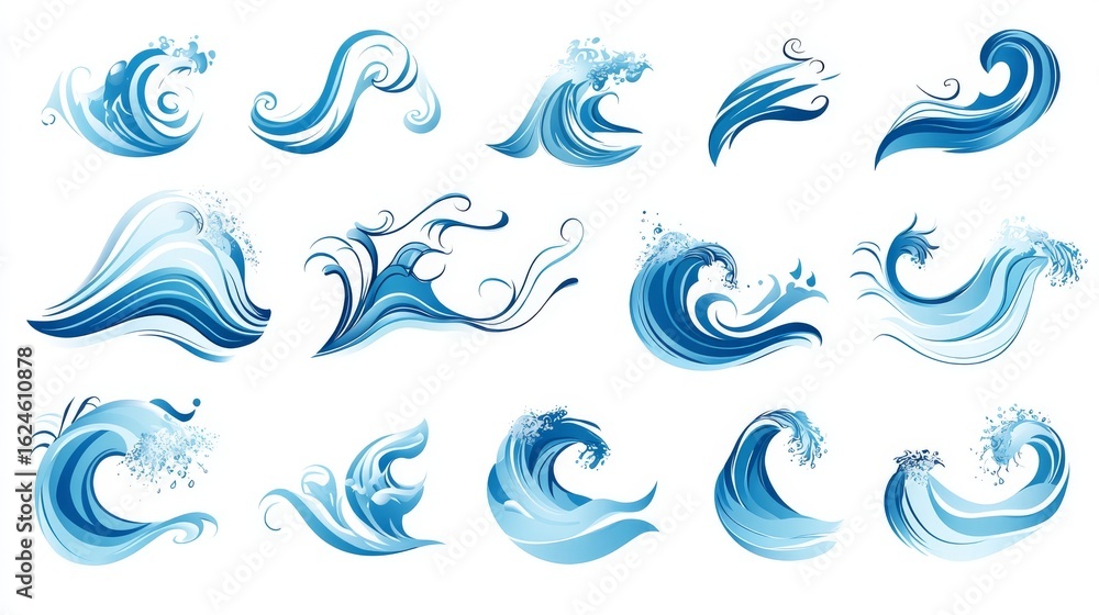 Poster 29.a beautiful set of marine flowing wave icons, each designed with swirling and curving lines that 