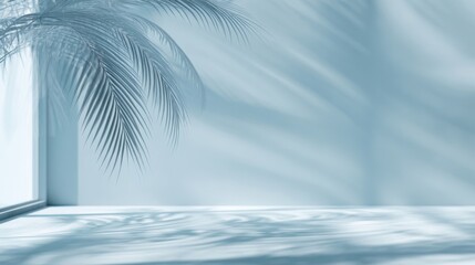 The tranquil palm leaves casting gentle shadows in a minimalistic blue room.