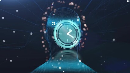 Wireframe head rotating left after data load while clock dial shifting visualizing network flow - Powered by Adobe
