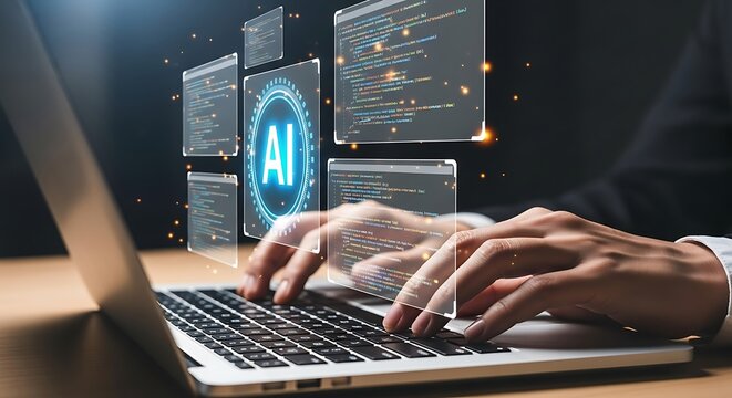 Man typing on laptop with ai and code displayed on screen