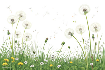 Watercolor painting of dandelions and wildflowers in a meadow, seeds blowing in the wind, isolated on transparent background