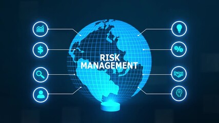 Risk Management and Assessment for Business, new business concept tee icon attached around the map features the concept of network and technology confirmed the map is rotating ,specify all icons - Powered by Adobe