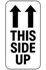 This side up label with arrows pointing upwards, indicating package orientation for safe transport. Modern flat vector sticker label with icon and badge style, transparent background