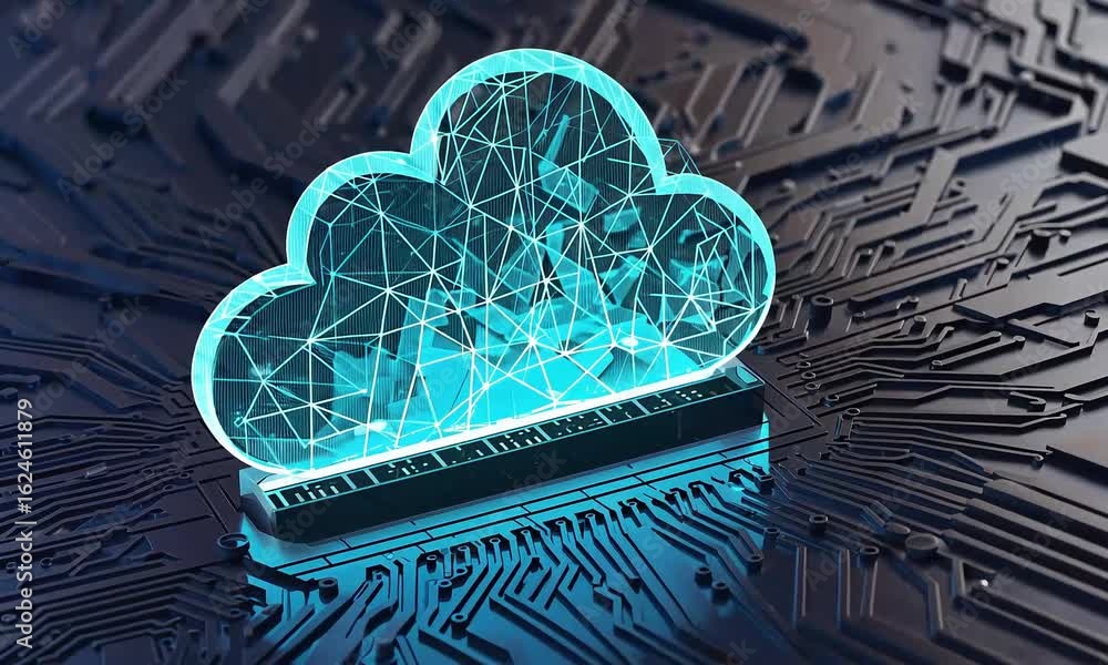 Poster a glowing blue cloud made of polygons sitting on a dark circuit board with intricate patterns design