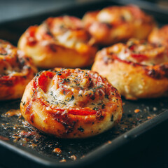 Freshly baked cheesy pizza rolls with herbs and tomato sauce on a baking tray, perfect for a savory snack or appetizer.