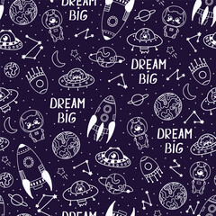 Cute space pattern with planets, stars, rockets, aliens, and the motivational message "Dream Big"