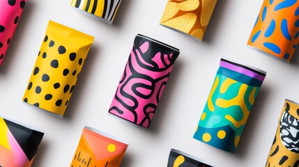 71.A set of vibrant snack packaging designs featuring a variety of snack foods like chips, crackers, and candy. Each package is uniquely designed with bold colors and playful patterns, showcasing the