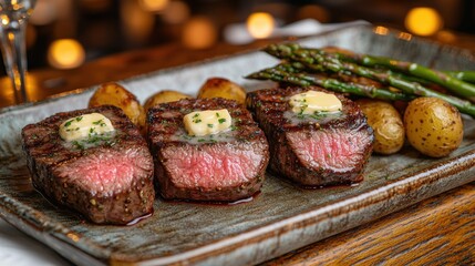 Beef sirloin medallions garnished with butter pats and herbs, perfectly cooked steak with grilled asparagus and golden potatoes