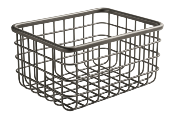 A metal wire storage basket with a rectangular shape, featuring a grid pattern and open design, suitable for organizing or decorative purposes in home or office settings.