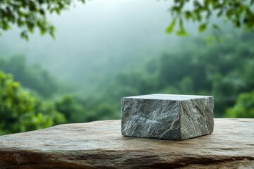 Stone Podium Display in Misty Forest Setting for Product Presentation