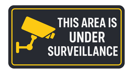 A security sign warns of surveillance cameras in the area, protecting people and property. Modern flat vector sticker label with icon and badge style, transparent background