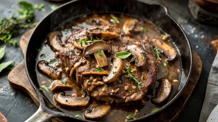 Steak marsala sauce with seared beef and mushrooms in cast iron skillet garnished with fresh herbs on wooden cutting board