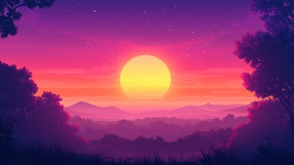 44.A vibrant panoramic sunset scene, showcasing a rich blend of pink and purple hues across the sky. The composition captures the beauty of the natural light, with the soft gradient transitions