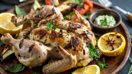 Lemon herb chicken roasted whole with fresh herbs and charred lemon halves on wooden serving board with herb sauce