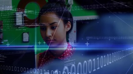 Binary code overlay scrolling and shifting revealing student typing and debugging code in tech lab - Powered by Adobe