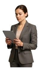 A business professional in a gray suit focuses intently on a digital tablet, portraying a concept of modern technology use in a corporate setting.