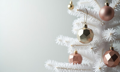 Festive white tree adorned with geometric gold and rose gold baubles