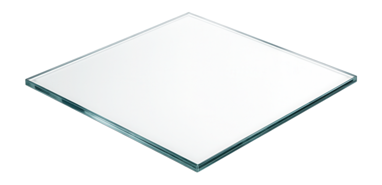 Clear square glass panel with a clean, smooth surface and slightly beveled edges, suitable for architectural, industrial, and design applications.