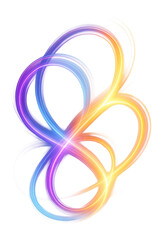 Abstract colorful light trails in intertwined loops with a gradient of blue, purple, and yellow hues on a white background, creating a dynamic and vibrant visual effect.