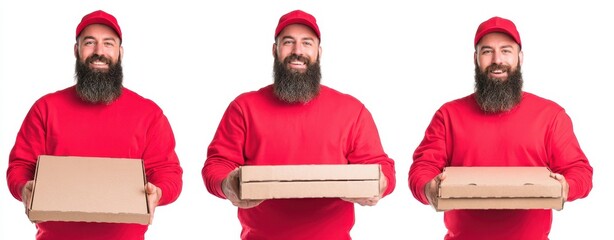 The cheerful delivery man showcasing pizza boxes with a smile and enthusiasm
